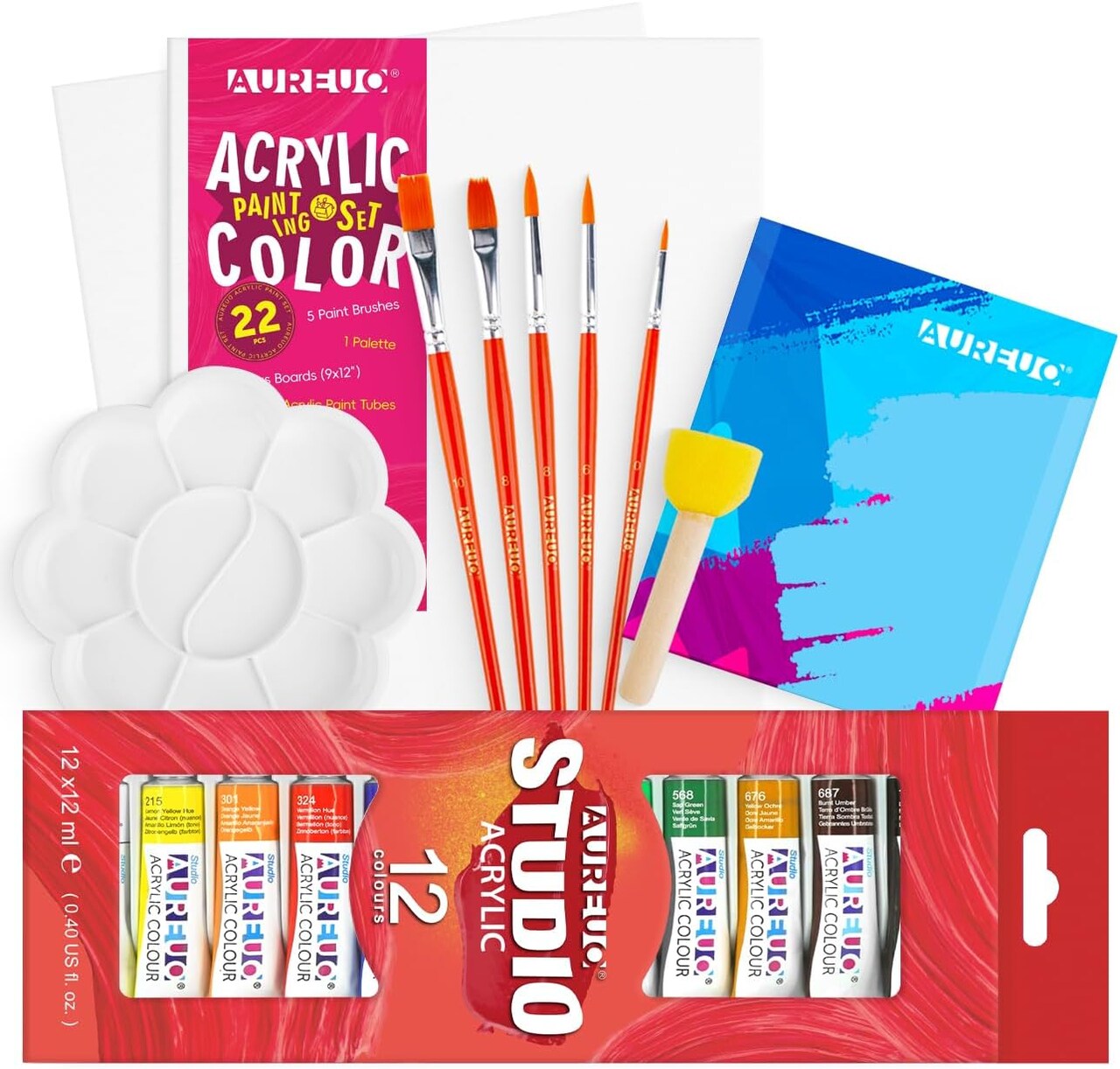 Acrylic Painting Kit - 12 Colors Acrylic Paint Tubes, 9X12 Inch/ 2 Pack Canvas Panels, 5 Paint Brushes, Palette & Sponge - Canvas Painting Kit for Adults, Beginners